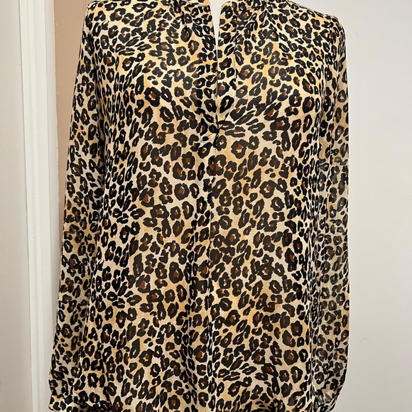 Guess Blouse Animal Print V-Neck Small Long Sleeve Brown Semi Sheer. - Picture 2 of 10